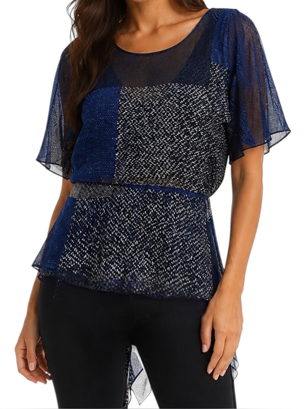 NWT Halston Heritage Silk Blend Chiffon Waterfall Back Blouse Blue Black S